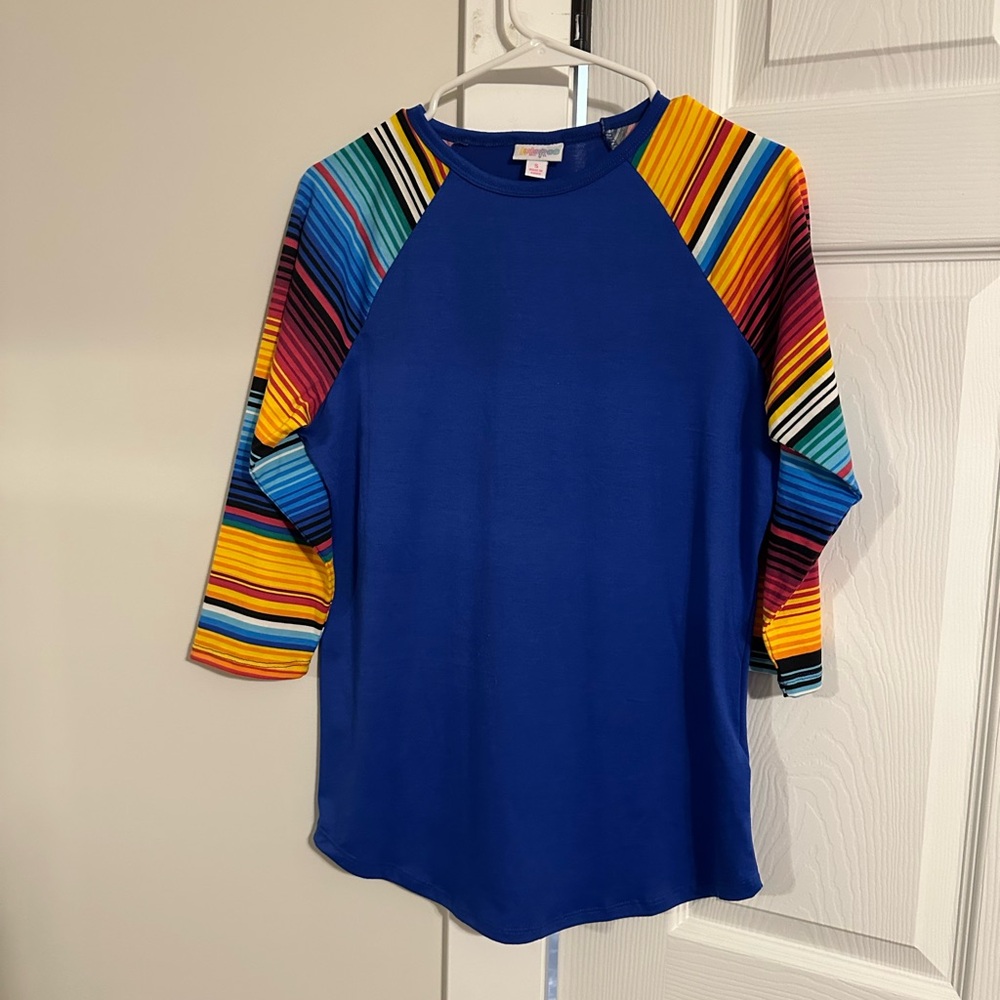 Lularoe Randy baseball t shirt. Royal blue body, striped sleeves. Nwot. Small.